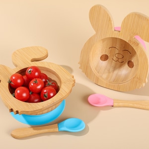 Personalized Bunny style Natural bamboo baby Bowl come with BPA Free Silicone Spoon for Baby gift Baby shower gift for 6 month or older