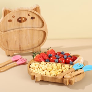 6ヶ月以上の幼児向けの100％食品グレードの給餌セットを備えたパーソナライズされた吸盤ベビープレート、分割プレートセット、漫画ベビープレートセット