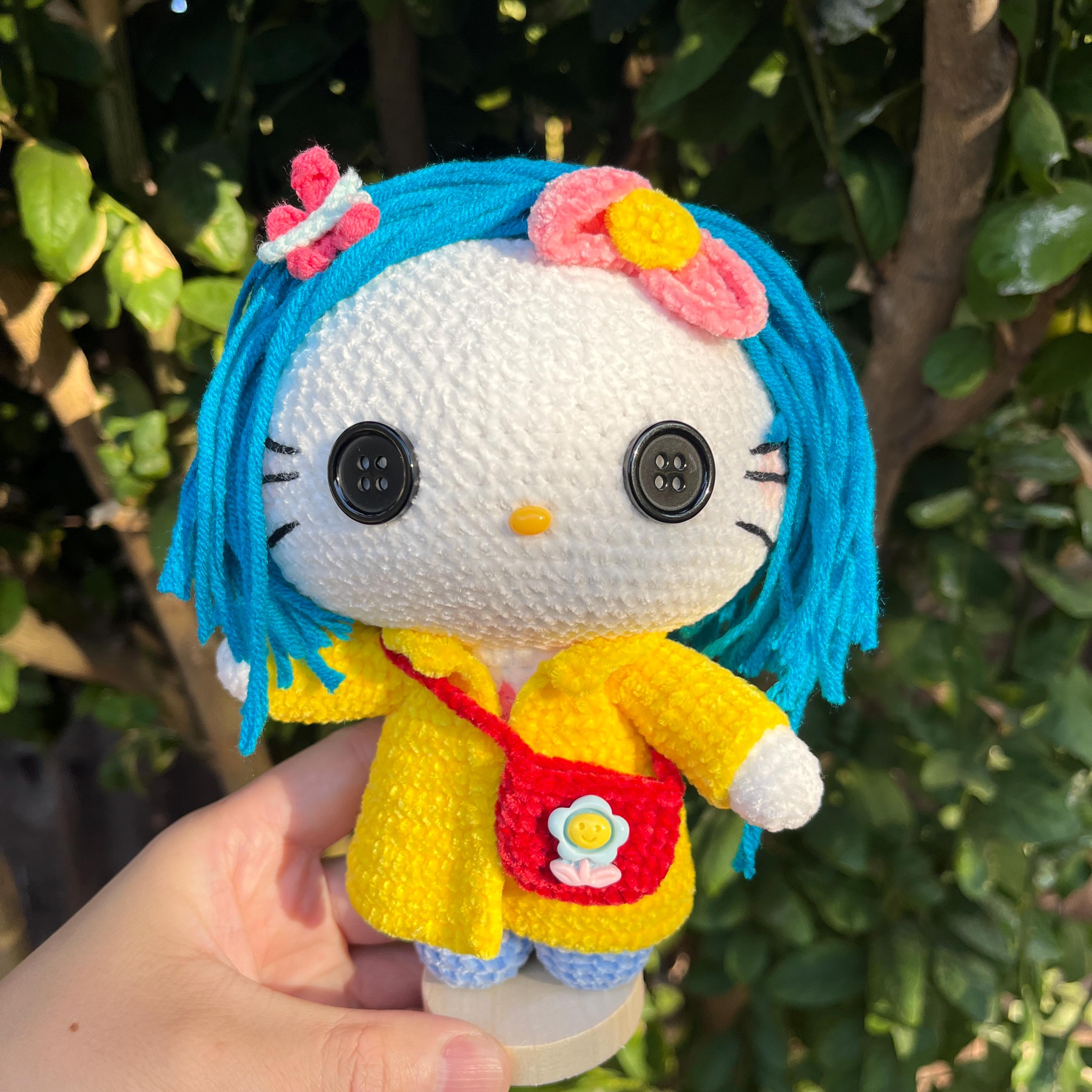 Hello Kitty Coraline Crochet Doll Plush | Handmade Sanrio Amigurumi | Halloween Kawaii Gift