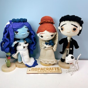 Corpse Bride Crochet Doll Set | Tim Burton Emily Victoria Victor with Scraps & Maggot | Gothic Halloween Amigurumi | OOAK Collectible Gift