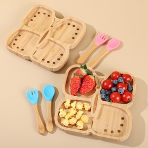 Personalized Kid Plate Natural bamboo Plate with Suction set for baby Feeding Divided Plate for Baby gift 6 month or older baby plate