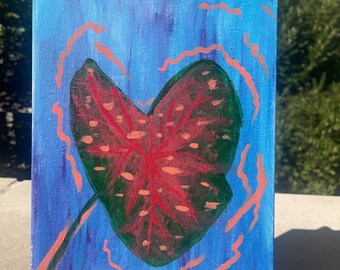 8x10” ORIGINAL “Monstera Heart” acrylic painting on canvas panel. Peachy-pink, green, blue. One of a Kind wall decor, plant decor for home