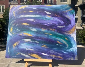 16x20” ORIGINAL Abstract purple, blue, shimmering gold “Northern Lights” acrylic painting on canvas panel. Made w/ iridescent paint, unique