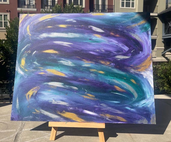 16x20” ORIGINAL Abstract purple, blue, shimmering gold “Northern Lights” acrylic painting on canvas panel. Made w/ iridescent paint, unique
