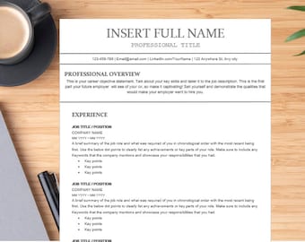May include: A black and white resume template with the text "INSERT FULL NAME" and "PROFESSIONAL TITLE" at the top. The template includes sections for "PROFESSIONAL OVERVIEW" and "EXPERIENCE".