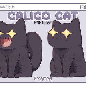 PNGTuber calico cat with excited emote.