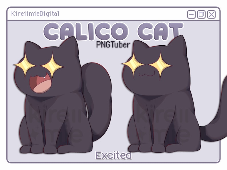 PNGTuber calico cat with excited emote.