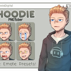 Male Hoodie Gamer Guy PNGTuber w/ 4 Expressions for Twitch and Streaming, Compatible With Veadotube Mini, Discord Reactive Images and HONK