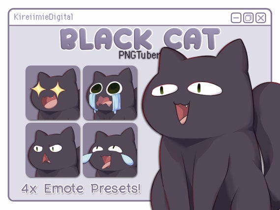 Cute Chibi Black Cat PNGTuber w/ 4 Expressions for Twitch and Streaming, Compatible With Veadotube Mini, Discord Reactive Images and HONK