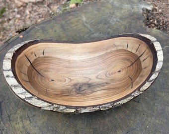 Wooden Fruit Bowl, Modern-Rustic Design, Oval Shape, Walnut Wood, Live Edge With Bark, Natural Oil Finish, No Lathe