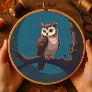 Watercolor Owl Cross Stitch Pattern: Mystical Nighttime Design (PDF Download