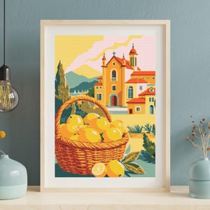 Lemon & Church Cross Stitch Pattern: Italy Tile Embroidery (PDF Download)