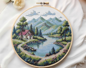Mountain Lake Landscape Cross Stitch Pattern (Digital Download)