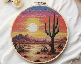Desert Sunset Cross Stitch Pattern: Cactus Landscape (PDF Pattern)