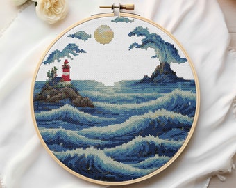 Schema punto croce "Onda dell'oceano": ricamo moderno sul mare (download digitale)