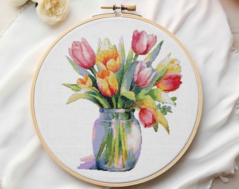 Tulp Cross Stitch patroon, tulp bloemen in een glazen pot, rode tulp PDF, Instant Download, bloem Cross Stitch Chart, volledige dekking, bloemen