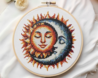 Sun and Moon Cross Stitch Pattern: Celestial Embroidery (PDF)