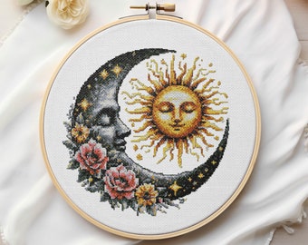 Moon and Sun cross stitch, Digital pattern, Sun and Moon cross stitch, Mystical cross stitch chart, Celestial embroidery, Boho cross stitch