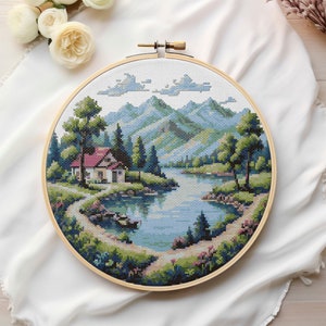 Mountain Lake Landscape Cross Stitch Pattern (Digital Download)