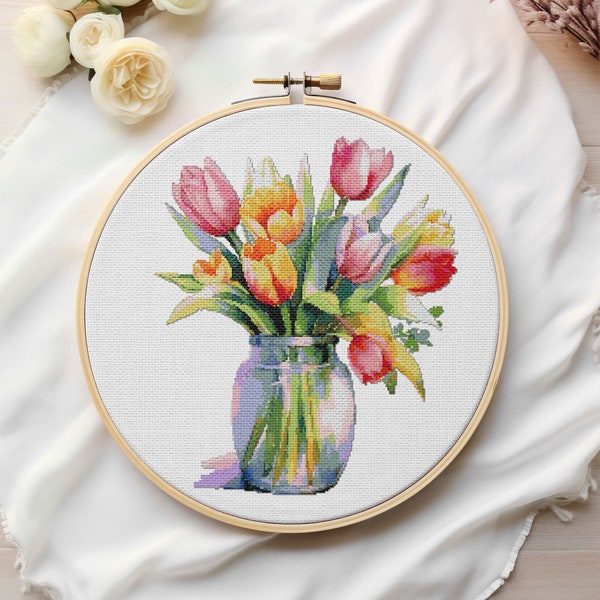Tulip Cross Stitch Pattern ,Tulip Flowers In A Glass Jar, Red Tulip PDF, Instant Download , Flower Cross Stitch Chart,Full Coverage,Floral