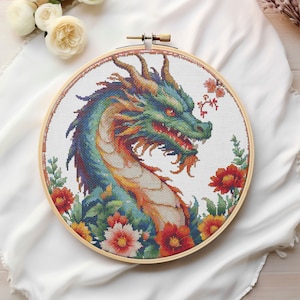 Dragon Cross Stitch Pattern PDF, Dragon Counted Cross Stitch,Floral Dragon Cross Stitch, Cute Cross Stitch, Instant Download, Pattern Keeper