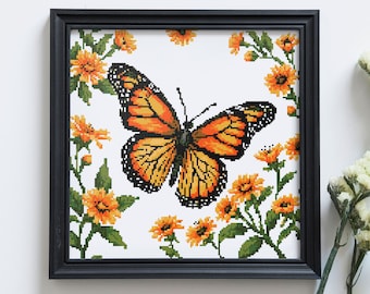 Monarchfalter-Kreuzstich, Muster-PDF, modernes Kreuzstichmuster, Cottagecore-Dekor, blühender Schmetterling, Schmetterlings-Wanddekor DIY