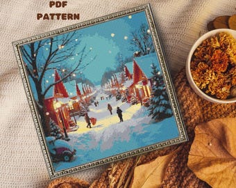 Winter Village Kreuzstichmuster: Schneebedeckte Straßenszene (PDF-Muster)