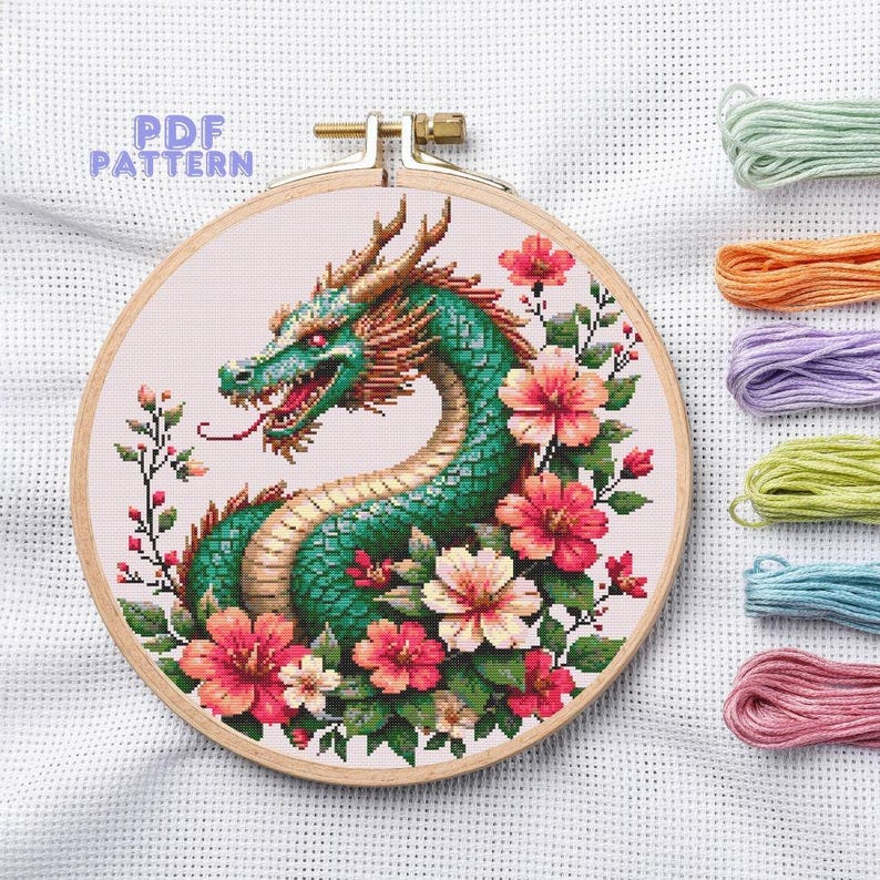 Green Dragon Cross Stitch Pattern, Digital PDF With Floral Design ...