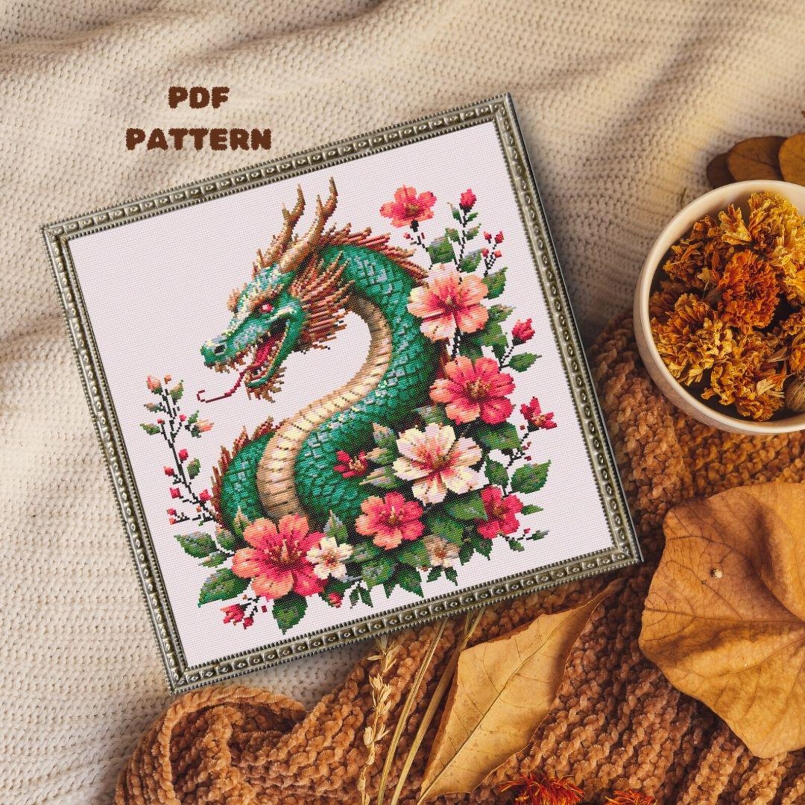Green Dragon Cross Stitch Pattern, Digital PDF With Floral Design ...