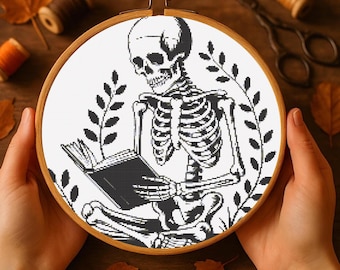 Skeleton with Book Cross Stitch Pattern: Gothic Halloween Embroidery (PDF Pattern)