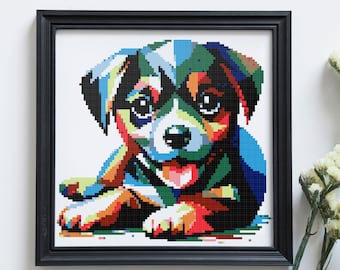 Colorful Puppy Cross Stitch Pattern, Dog Sampler (Digital Download)