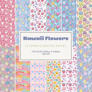 Impresión digital de papel de flores kawaii de patrones sin fisuras