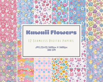 Seamless pattern kawaii flowers paper digital print