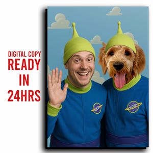 May include: A digital portrait featuring a person and a dog dressed in matching blue alien costumes with green hats. The person is waving, and the dog has its tongue out. The background is a blue sky with white clouds. Text on the left says "DIGITAL COPY READY IN 24HRS."