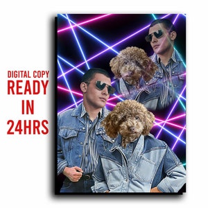 80&#39;s Fashion Lazer Portrait Old School Fashion Pet wall poster Classic Denim Jacket Custom Outfit 80&#39;s Costume Pet Portrait Dog Cat