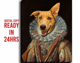Könnte beinhalten: Ein digitales Gemälde eines Hundes, der eine goldene und blaue königliche Robe mit einem großen weißen Rüschenkragen trägt. Der Hund lächelt und hat ein braunes und weißes Fell.