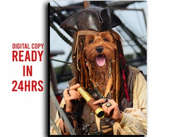 Könnte beinhalten: Digitales Porträt eines Hundes im Piratenkostüm, mit Dreispitz, Dreadlocks und Fernrohr. Der Hund trägt ein Piratenkostüm und hält ein Fernrohr. Der Text "DIGITAL COPY READY IN 24HRS" befindet sich oben links.