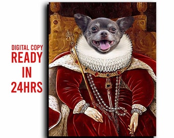 Retrato de mascota personalizado de una reina renacentista: regalo para la realeza (lienzo, digital y póster)
