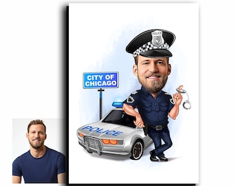 Op de afbeelding: Een karikatuur van een politieagent in een blauw uniform met een zwarte hoed en een badge met de tekst "Police". De agent houdt handboeien vast en staat naast een witte politieauto met het woord "Police" aan de zijkant. Een bord achter de agent zegt "City of Chicago".