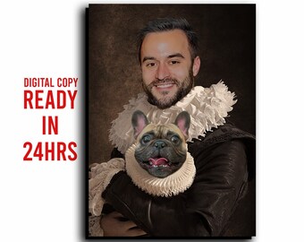 Könnte beinhalten: Ein digitales Gemälde eines Mannes in einer dunkelbraunen Jacke mit einem weißen Rüschenkragen, der einen französischen Bulldoggen hält. Der Mann und der Hund lächeln beide.