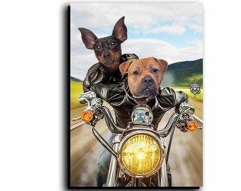 Funny Biker Pet Portrait: Custom Route 66 Digital Art