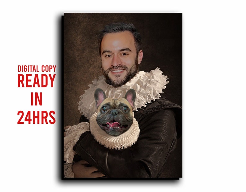 Puede incluir: Una pintura digital de un hombre con una chaqueta marr&oacute;n oscura y un cuello blanco con volantes que sostiene un bulldog franc&eacute;s. El hombre y el perro est&aacute;n sonriendo ambos.