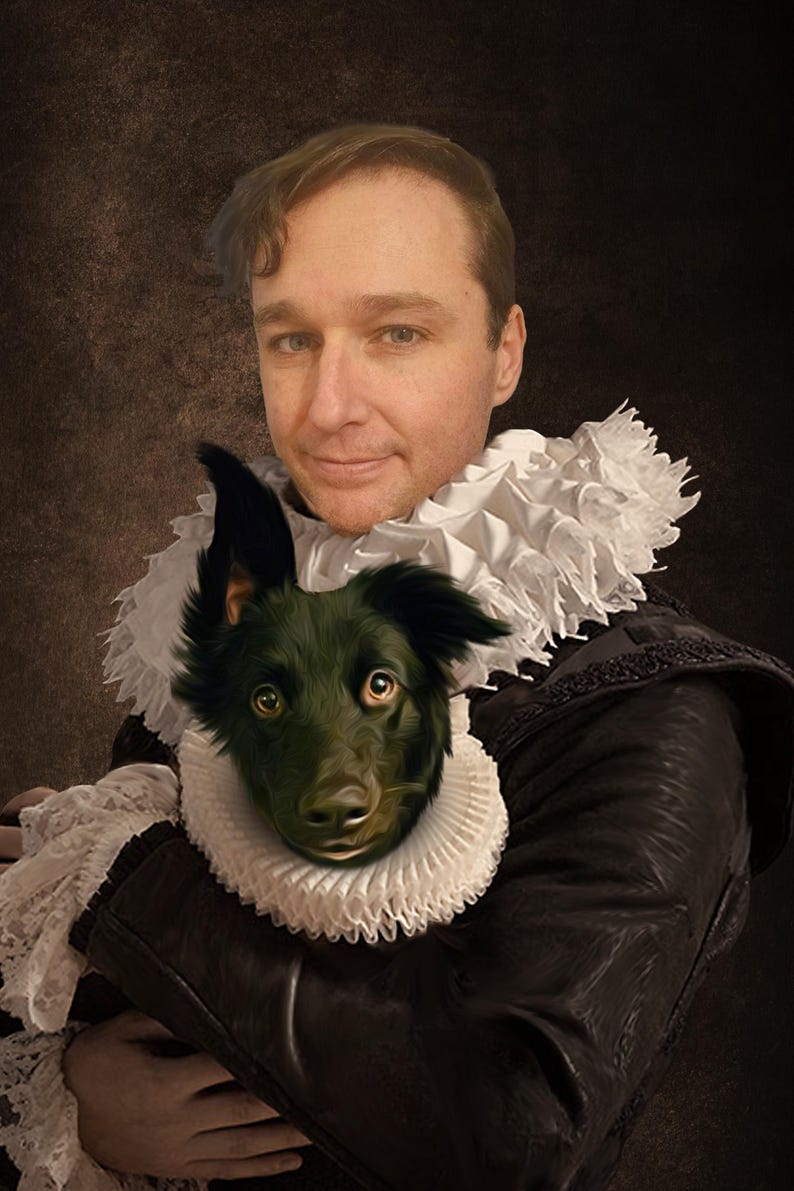 Puede incluir: Un hombre con una chaqueta negra y un cuello blanco con volantes sostiene un perro negro con un cuello blanco con volantes. El hombre y el perro est&aacute;n posando en un estilo de retrato.