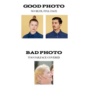 Puede incluir: Dos ejemplos de buenas fotos para una foto de perfil, que muestran a una mujer y un hombre con sus caras completas visibles y sin desenfoque. La tercera imagen muestra un mal ejemplo de foto de perfil, con la cara de una mujer parcialmente cubierta y desenfocada.