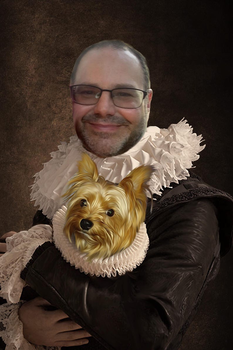 Puede incluir: Un hombre con un cuello blanco con volantes y una chaqueta oscura sostiene un peque&ntilde;o Yorkshire Terrier marr&oacute;n claro en sus brazos. El perro lleva un collar blanco con volantes.