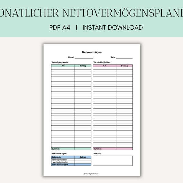 Budget Finanzen Planer Monatlicher Nettovermögensplaner | Instant Digital Download DIN A4 PDF | Vermögen Tracker Übersicht zum Ausdrucken