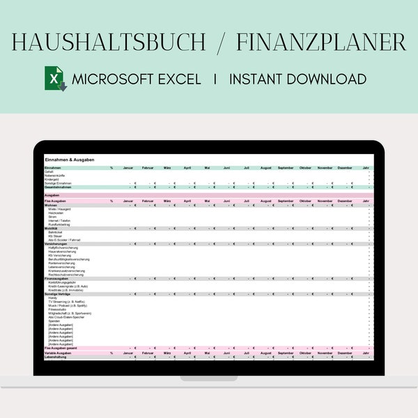 Finanzplaner MS Excel Template Digitaler Tracker | Organizer Monatliches Budget Einnahmen Ausgaben Haushaltsbuch Übersicht Vorlage