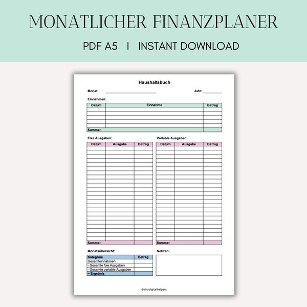 Budget Finanzen Planer Monatliches Haushaltsbuch | Instant Digital Download DIN A5 PDF | Ausgaben Einnahmen Tracker Übersicht zum Ausdrucken