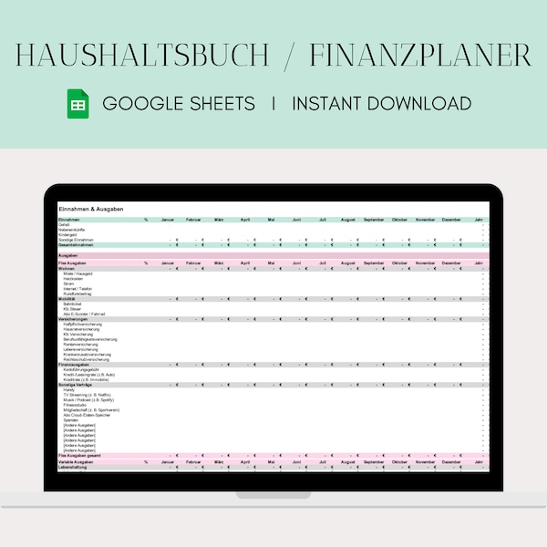 Finanzplaner Google Sheets Template Digitaler Tracker | Organizer Monatliches Budget Einnahmen Ausgaben Haushaltsbuch Übersicht Vorlage