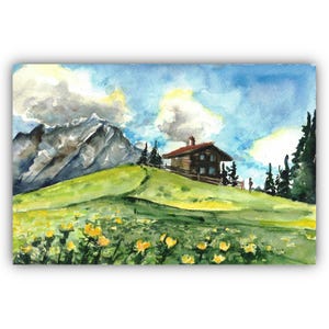 Original German Alps Watercolor Painting: Alpine Meadow Wildflowers Art